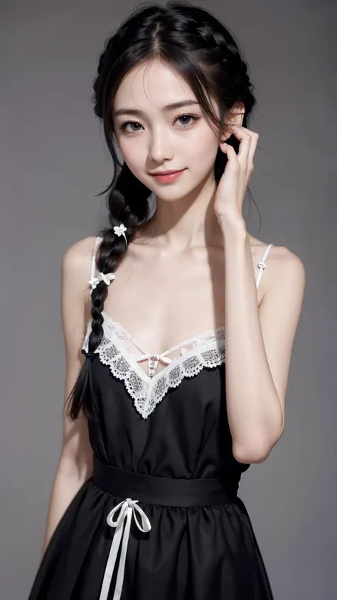 ８ｋ、High resolution、Maid Fashion、beautiful girl、Slender body、young、White skin,、Narrow eyes,High nose,Facial Lighting、Clear images、Intellectual beauty、skinny、No makeup、smile、Facial Lighting,Shiny Hair、single eyelid,Cute pose,Thin arms,(Flat Chest:0.2),,Black...