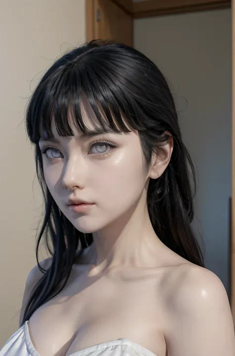 Hinata from naruto, realistic, age 25, pure white skin, white eyes, black long bangs, hair on eyes, perfect face, perfect shape body, huge breasts, 3d, posing to viewer