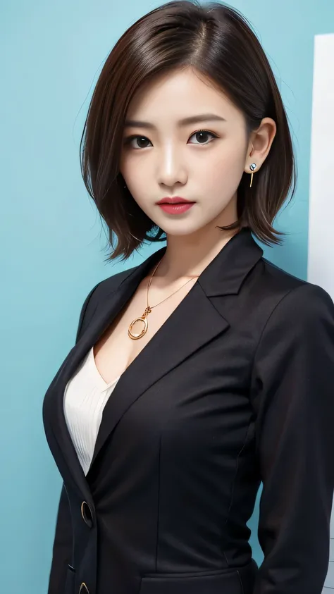 RAW Photos, High resolution, Very detailed, Intricate details, 、ear piercing、、short hair、Black Hair、Expressionless、 Office Lady Suits 、Necklace around the neck、, The background is the office
