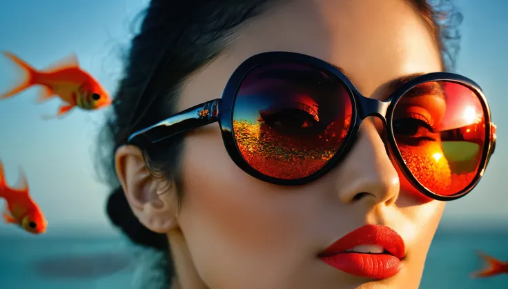 Close up shot Arafad image of a very beautiful Persian woman, wearing black sunglasses with reflection of mandarinfishand coral reefs under the ocean reflecting in her black sunglasses, cosmic art fashion photography, In the red dream world, Portrait shoot...