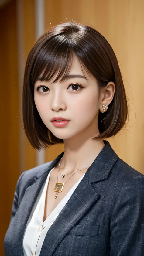 RAW Photos, High resolution, Very detailed, Intricate details, 、ear piercing、、short hair、Black Hair、Expressionless、 Office Lady Suits 、Necklace around the neck、, The background is the office
