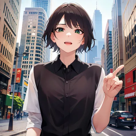 upper body,pointing,Biologically correct５Finger、
shiny skin, (looking away:1.5)、masterpiece、Highest quality、(2 male:1.5) and (Brown short hair) and (Green Eyes),
black collared shirt、
worried,smirk,open mouth,
The background is the city、(Alone:1.5)、Upper b...