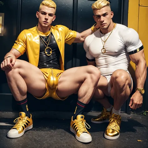 male blonde slim huge pecs, huge thighs, nice glutes , short chav clean undercut haircut, wigger style golden sportswear and sneakers, golden trackies latex, golden socks, golden rings, necklaces, bracelets, screaming, sucking another virile young male thu...