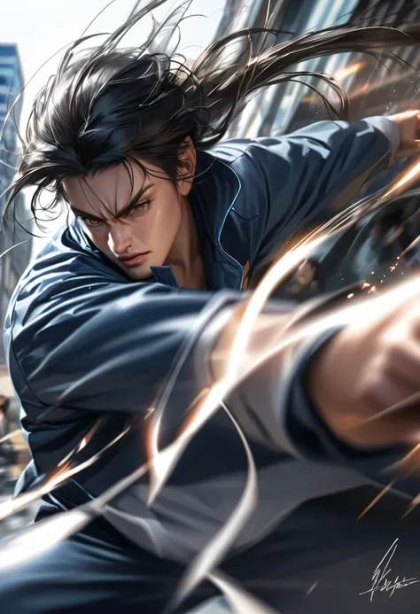 An anime boy depicted in a fighting pose, his black hair flowing lightly in the wind, and his eyes narrowed in focus. His signature Wind Breaker uniform is detailed, with the school emblem clearly visible. The background should be a blurred image of a busy...