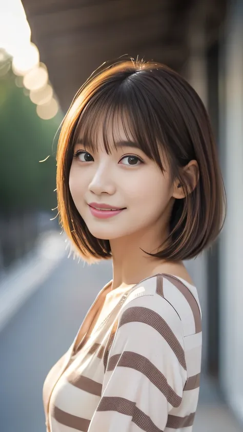 masterpiece, best quality, ultra high res, ultra detailed, sharp focus, 1girl, solo, a stunning pretty and beautiful Japanese sexy model, 19yo, looking at viewer:1.3, (bright smile:0.6), wearing a (blouse), dusk, sunset, night, realistic, Slender, (standin...