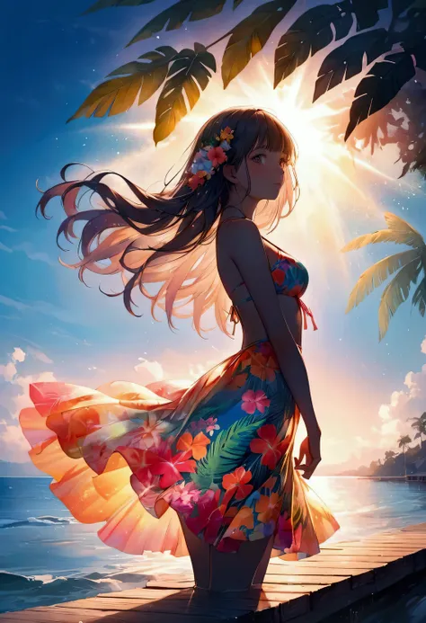 sparkling midsummer sea,  (double exposure silhouette: 1.2), beautiful girl leaning on a pier, , vibrant tropical bikini dress (...