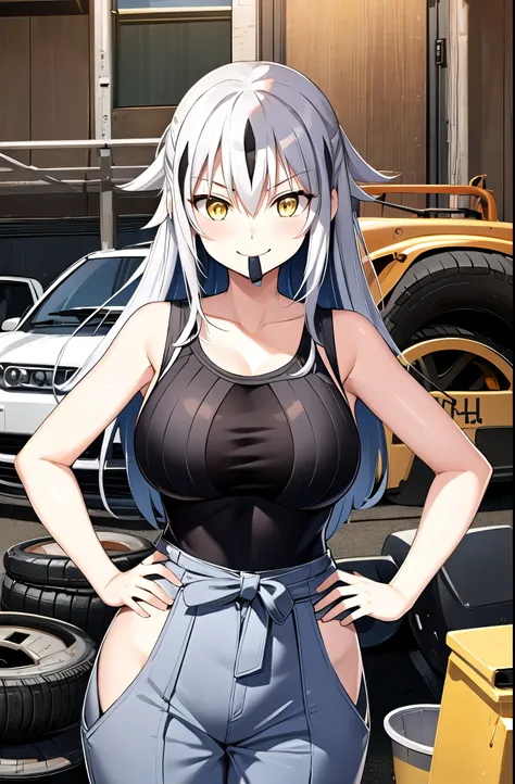 (masterpiece, Highest quality, detailed)、1 female、Kagetora Nagao、独奏、邪悪なsmile、Cowboy Shot、View your viewers、Silver Hair、Black Hair、Long Hair、Yellow Eyes、Female focus、(Mechanic, Orange jumpsuit)、Black Tank Top、Waist clothes、Big Breasts、collarbone、A woman wit...