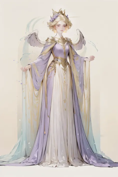 1 full-length portrait of a girl, angelicales, Angel Wings, Gorgeous long dress, Stand on both feet, (((solo))), Clear facial features, simple line design, ((Pure black background)), Tarot card design, Character portrait, ((Flat coating)), (tmasterpiece,Hi...