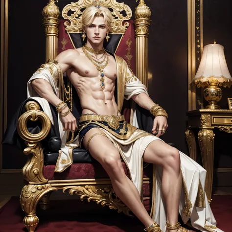 full body view, A young powerful handsome wealthy blond white european arrogant male emperor in rich clothes, covered with glittering gold jewelery, rings, nacklaces, bracelets, earings, seated on his luxurious throne, gets his feet massaged by his boy poo...