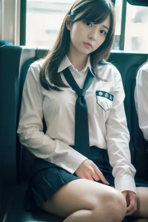 Japanese 1 female,Cosplay Japanese Schoolgirl Uniform,sitting in a train seat,(Focus on her crotch:1.1),Between her clothes,Under her skirt,Ultra low angle,Knees together,She is looking down,She doesn't notice me,