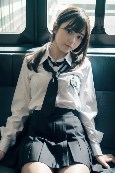 Japanese 1 female,Cosplay Japanese Schoolgirl Uniform,sitting in a train seat,(Focus on her crotch:1.1),Between her clothes,Under her skirt,Ultra low angle,Knees together,She is looking down,She doesn&#39;t notice me,((Showing off her panties))