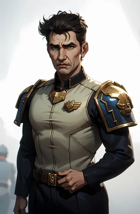 professional photo of Harrison Ford, textured quiff hair, perfect eyes, wearing Indiana Jones outfit, upper body shot low lighting, moody, large depth of field, warhammer 40k imperial guardsman, deep depth of field, highly detailed, three quarter shot, fro...