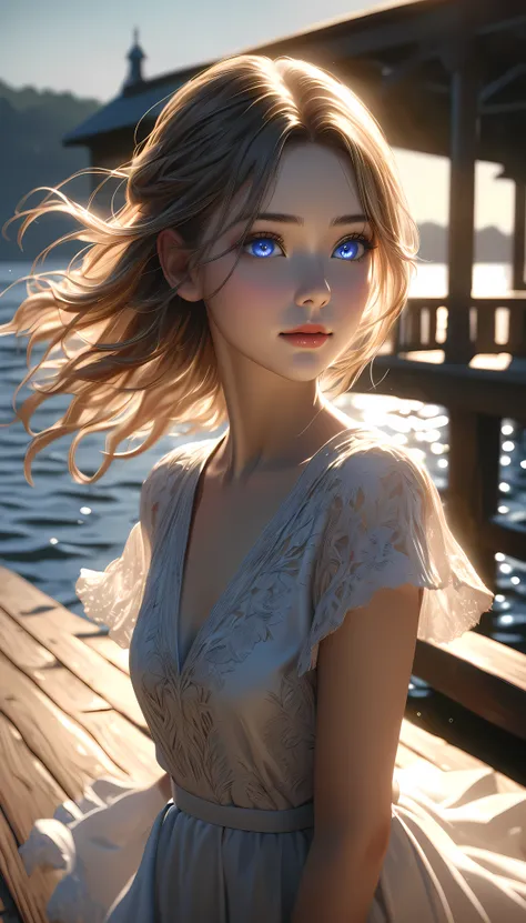 a beautiful young woman, solo, detailed eyes, model shooting on the pier, summer performance, backlighting, arw, (best quality,4...