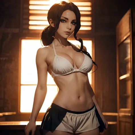 (masterpiece), best quality, expressive eyes, perfect face, Female muzan from demon slayer  , ,30 year old women, facing towards screen  parted lips  feminine figure body wearing bikini and shorts,v shape under , thigh socks, lingerie,beautiful expressive ...