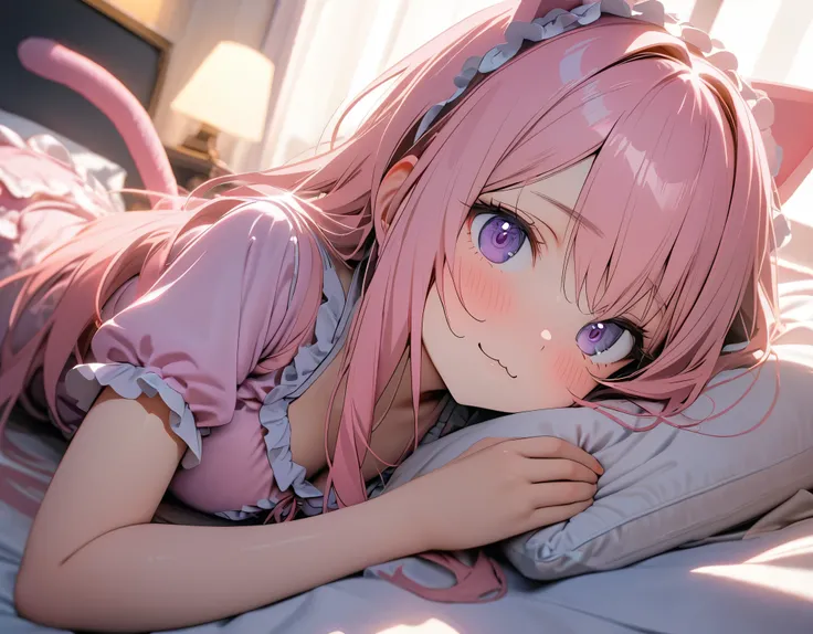 (8K, best quality, master piece: 1.2),super high resolution,1 idol,solo,16yo,white pillow hug,lying on bed,ultra-detailed face,detailed eyes,purple eye,mascara,long hair,pink hair,pink Cat ears,pink Cat tail,short sleeves Frilled baby doll pajama,medium br...