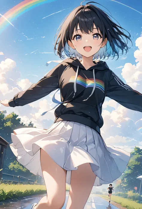 anime、((Amazingly absurd)),(masterpiece:1.2),超High resolution, Attention to detail, high quality, High resolution, 最high quality, 4K, 8k、Black hoodie、White Skirt、Black Hair、short hair、:D、cute、Running figure、A rainbow appears in the sky after the rain、Summe...