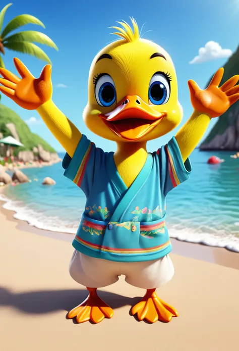 cute duck, cartoon, arms, hands ,cute eyes, looking at viewer, arms up, beach clothes, flawless, beach, reflex, water