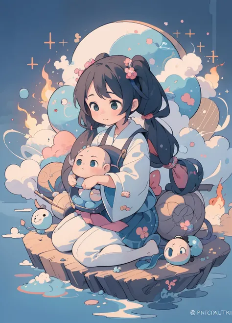 (masterpiece、Highest quality、Highest quality、Official Art、Beautiful and beautiful:1.2)、(One person:1.3)Hatsune Miku、Twin tails,Beautiful breasts, Katsushika Hokusai,Cute art depicting cute Ditki as a little wizard baby, Surrounded by bubbles of fire , Digi...