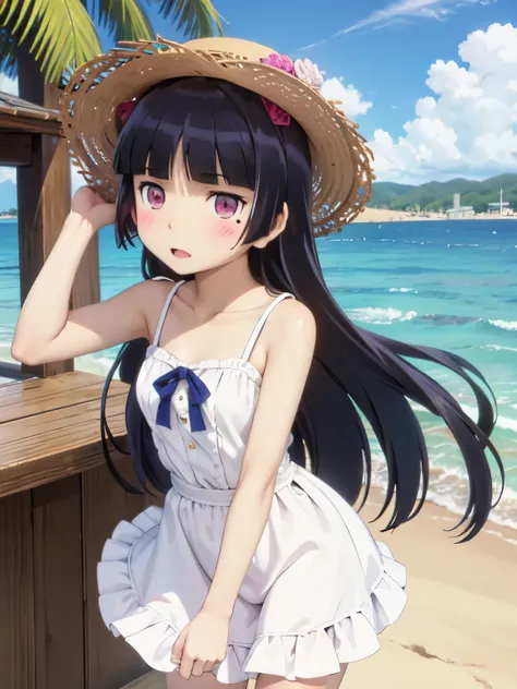 (Pier), (夏のPier), ((ruri gokou)), Long Hair, blush, Black Hair, One girl, pants, Mole, Mole under eye, straw hat, sundress, dress, white dress, blue sea, Light of the sun, Clouds in the sky, White sand beach, Green tree々, Someone who seems to be having fun...