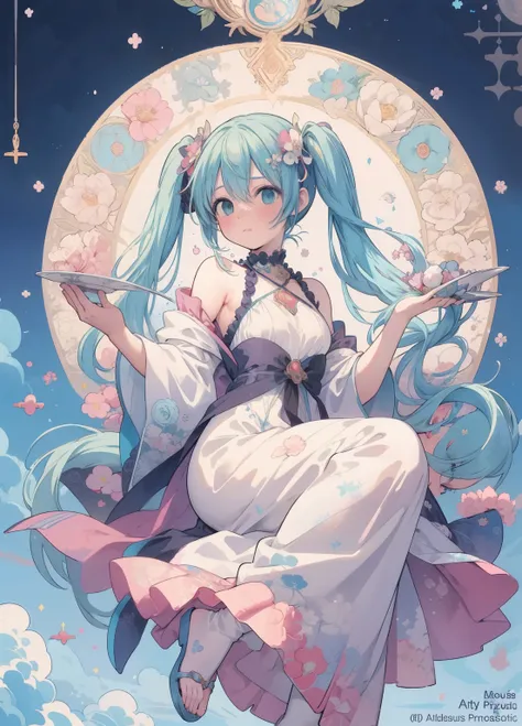 (masterpiece、Highest quality、Highest quality、Official Art、Beautiful and beautiful:1.2)、(One person:1.3)Hatsune Miku、Twin tails,Beautiful breasts, Katsushika Hokusai,artwork, Better Quality, woman, Tarot, bold, clown, Symbolism, Visual art, Occultism, unive...