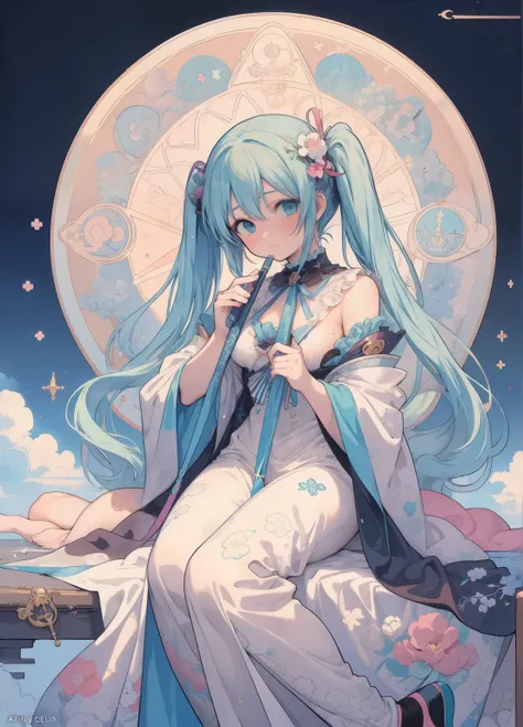 (masterpiece、Highest quality、Highest quality、Official Art、Beautiful and beautiful:1.2)、(One person:1.3)Hatsune Miku、Twin tails,Beautiful breasts, Katsushika Hokusai,artwork, Better Quality, woman, Tarot, bold, clown, Symbolism, Visual art, Occultism, unive...