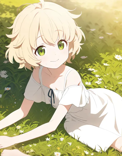 best quality,ultrares,masterpiece:1.2) Portrait of 1 young girl sitting on grass in sunny weather, solo, happy expression, (Blonde short messy hair,), (Large green eyes) adorable face (she is wearing a white off shoulder sundress, barefoot)