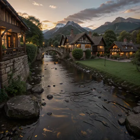 8k, photos DSLR, idyllic Tudor village next to small river, stone bridge over river, mountain and forest in the background, evening, sunset, warm lights in house windows, warm street lighting