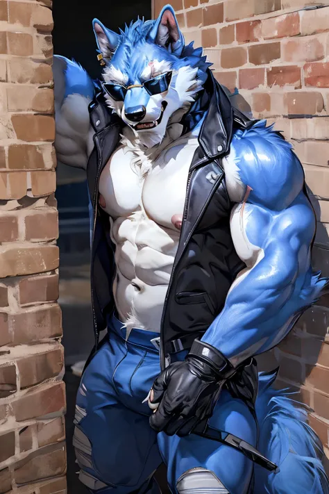 2d, masterpiece, best quality, 4k, 8k, ultra highres, raw photo in hdr, sharp focus, photo realism, real life like, detailed background, wolf anthro,(Freddy sit against a wall), (sunglasses, blue fur, gloves), vest, (big pink nipples, abs), muscular male, ...