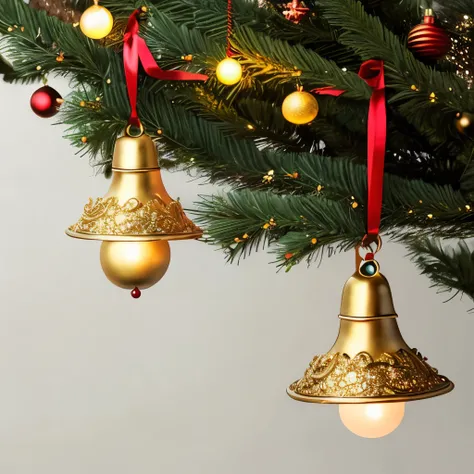 Festive and intricately designed bronze bells adorned with golden ribbons, hanging gracefully from a Christmas tree, creating a warm and elegant holiday ambiance with soft, glowing lights in the background.