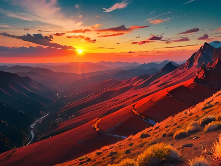 Sunset Serenity: Vibrant hues paint the sky as the sun dips behind layered mountain ridges, creating a dramatic contrast of fiery reds and cool blues in a breathtaking natural landscape.