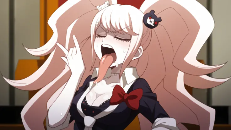 Masterpiece, best quality, Masterpiece, best quality, 1 woman, Junko (danganronpa) , pink hair , I have twintails. , Close your eyes. , Irritability , Sweating , big breasts , cleavage , Open your mouth wide , long tongue , Put your hand forward , abandone...