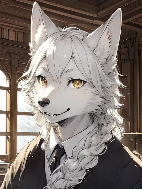 Yoshitaka Amano，Yoshitaka Amano，1 person, 8k Werewolf Portrait, male white fox，Golden iris，Arctic fur is as white as snow，housekeeper，illustration, ((masterpiece))，In the manor，elegant