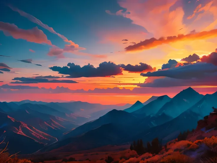 Sunset Serenity: Vibrant hues paint the sky as the sun dips behind layered mountain ridges, creating a dramatic contrast of fiery reds and cool blues in a breathtaking natural landscape.