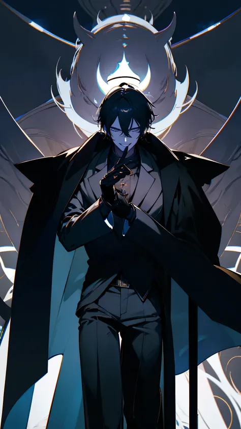 dark god, tall man, long black coat, bony hands, smiling, squinting eyes, thin, long pants, focus on face, high details, handsom...