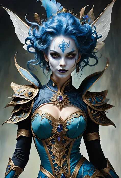 a surge of art, deep blue ink art, detailed painting, charming sweet woman, with blue hair, crazy evil smile, dark fantasy, surr...