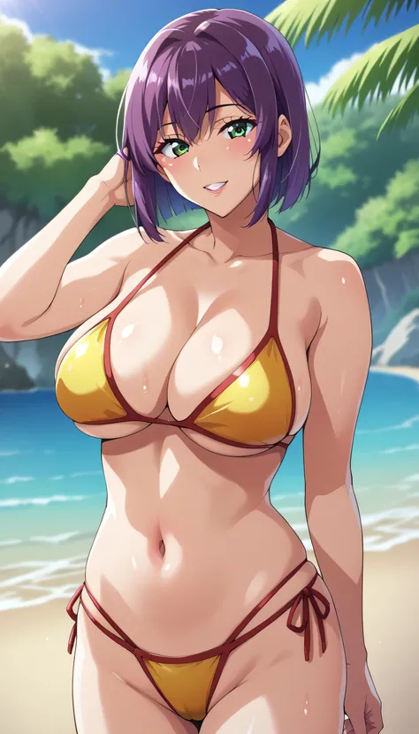 (masterpiece, best quality, ultra-detailed, high resolution, detailed eyes)
BREAK
1woman, solo,takeda hiromitsu style,medium breast,voluptuous body、Oikawa,green eyes,purple hair,mature female
BREAK
sexy pose、(aggressive pose)
BREAK
beach、bikini