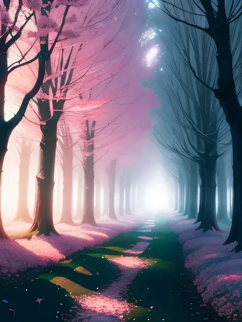 magical forest, ethereal pathway, illuminated by pink and white fairy lights, flower petals strewn, glowing flowers, arching trees, misty atmosphere, soft blue and pink tones, enchanted, twilight, whimsical, serene, dreamy ambiance, soft focus, mysterious ...