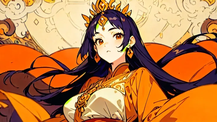 ((best quality)), ((masterpiece)), (detailed), perfect face, anime style, indonesian, tanned skin, beautiful girl, wearing detailed kebaya, javanese princess, orange colors, depth of field, long black hair, large breasts, dark brown eyes.
