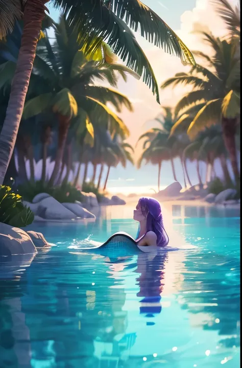 serene expression, long purple hair, mermaid tail, light purple scales, lying on her back in clear turquoise water, relaxed body position, eyes closed, light freckles, outdoor natural scenery, palm tree fronds overhead, sunlit, shadows cast by the tree, tr...