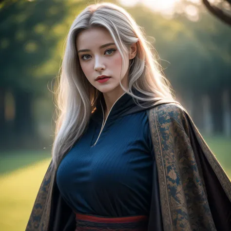 photorealistic, masterpiece, photorealistic, high resolution, soft light, hips up, blue eyes, white hair, long hair, Intricate details EABA, cloaks, short hand-fan, Royal General, Hanfu, Prime Minister, big breasts, floating cloak in wind, sunrise