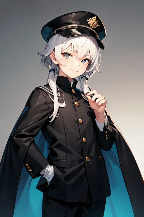 best quality, Full-HD femboy,1boy,evil smiling, standing, bob hair,white hair, silver eyes, tall, 20-year-old，japanese school uniform，gakuran((black color)(one row button))，slacks(black color)，school uniform，cape((black color)(long))，Bankara Mantle，Student...