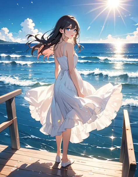 (masterpiece, best quality:1.2), illustration, anime, (wide shot), model shoot, 1girl, long dark hair, blue ocean eyes, pretty l...