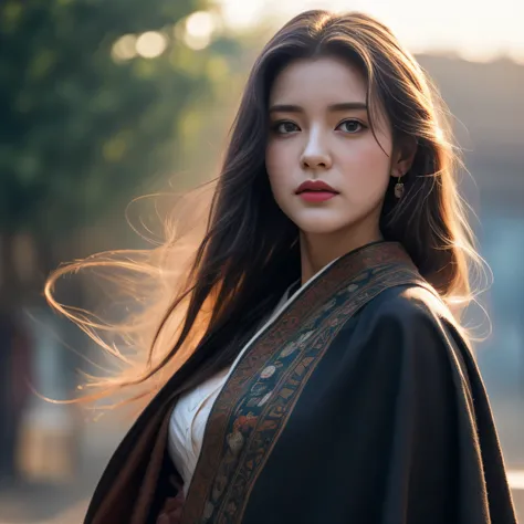 photorealistic, masterpiece, photorealistic, high resolution, soft light, hips up, blue eyes, white hair, long hair, Intricate details EABA, cloaks, short hand-fan, Royal General, Hanfu, Prime Minister, big breasts, floating cloak in wind, sunrise