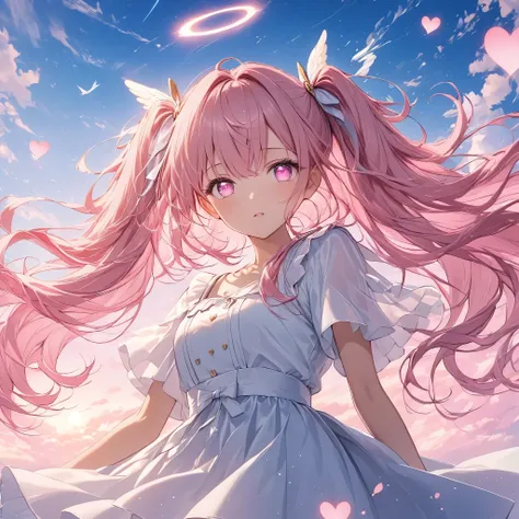 anime、((Amazingly absurd)),(masterpiece:1.2),超High resolution, Attention to detail, high quality, High resolution, 最high quality, 4K, 8k、woman,Spreading hearts,Glowing pink,Twin tails,Pink Hair,Pink Eyes,Heart-shaped pupils,Angel,Hair blowing in the wind,P...