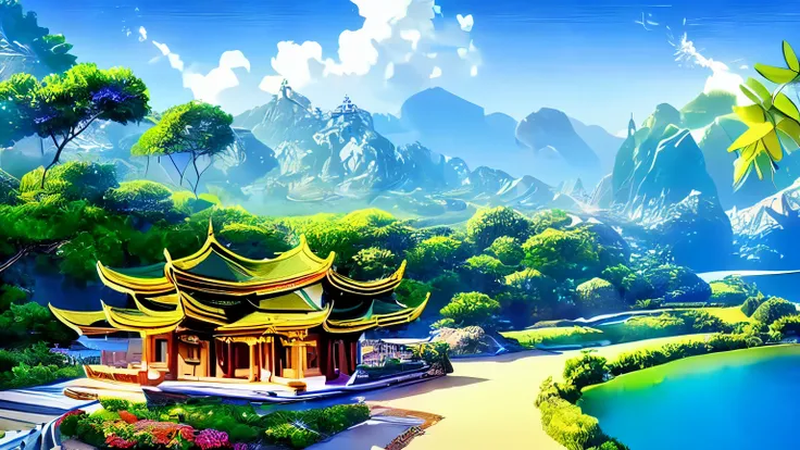 (best quality), (masterpiece), cloudy island paradise, many temples and rivers.