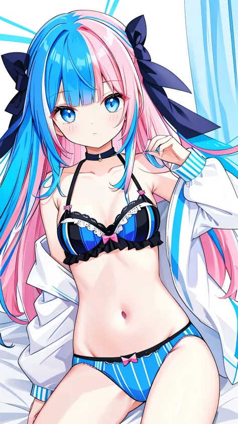 stocking anarchy, Blue eyes, blue hair, colored inner hair, hair bow, long hair, multicolored hair, pink hair, two-tone hair, bangs, blunt bangs,High resolution, Blue striped panties,Blue striped bra