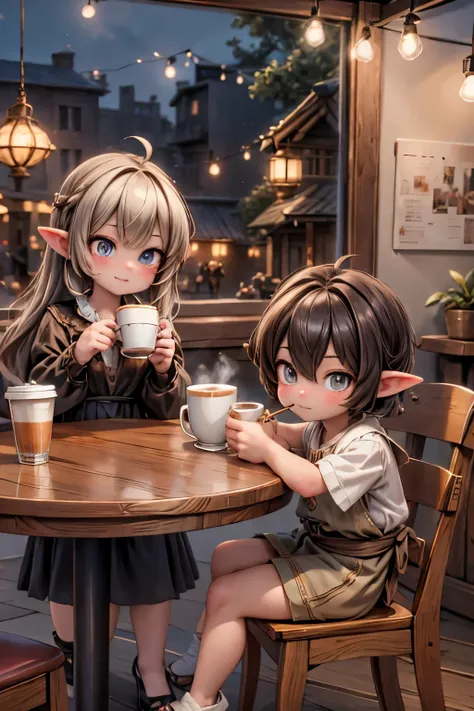 best quality, masterpiece, two goblins drinking coffee at a coffe shop, night