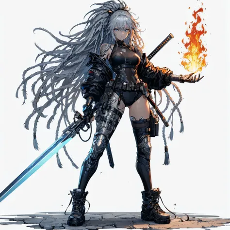 (Masterpiece, top quality), (fine hair), super detailed, anime like illustration style, solo, Cyberpunk soldier girl, silver dreadlocks hairstyle and sapphire eyes, tan skin and face tattoo, held burning flame sword, black wrestler costume and silver metal...