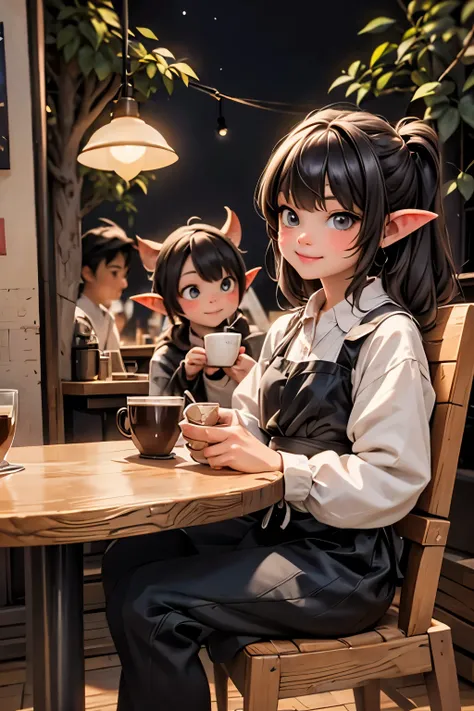 BEST QUALITY, MASTERPIECE, TWO GOBLINS DRINKING COFFEE AT A COFFE SHOP, NIGHT coffee shop, in the woods