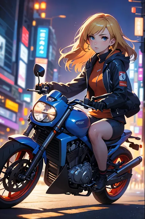 a woman takes a corner on a motorcycle, no helmet, long blonde hair flying, a beautiful woman, a lovely expression, a public roa...